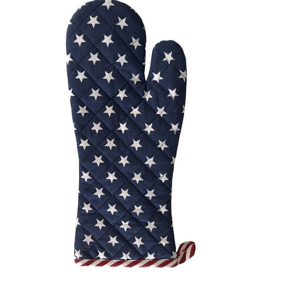 Blue w/ Star Print Patriotic Long Oven Mitt Cotton - Picture 2 of 4